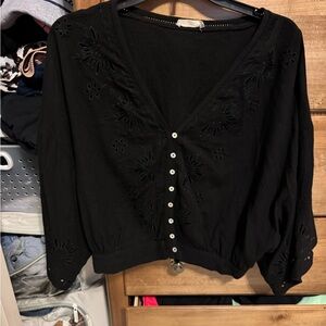 Lovestitch Black Button-Up Embroidered Top